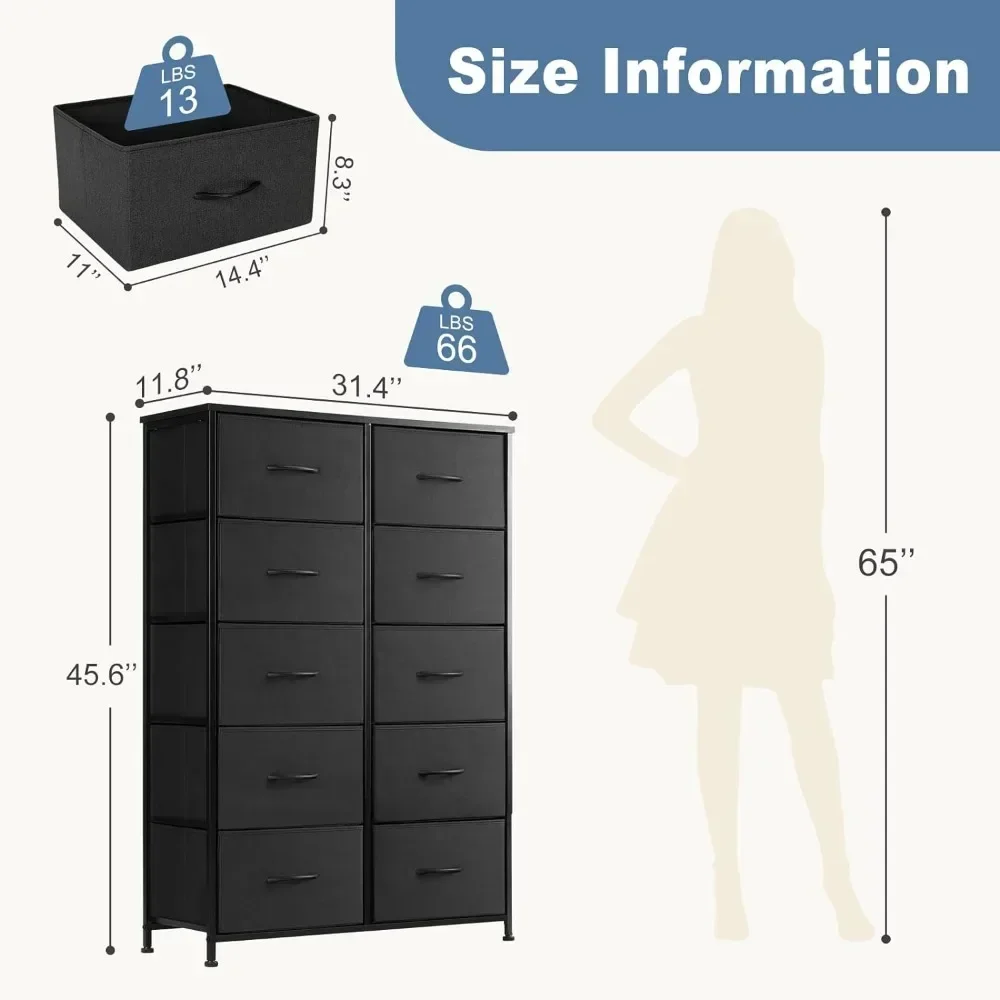 Dresser for Bedroom, Tall Storage Drawers, Fabric Storage Tower with 10 Drawers, Chest of Drawers with Fabric Bins, Sturdy Metal