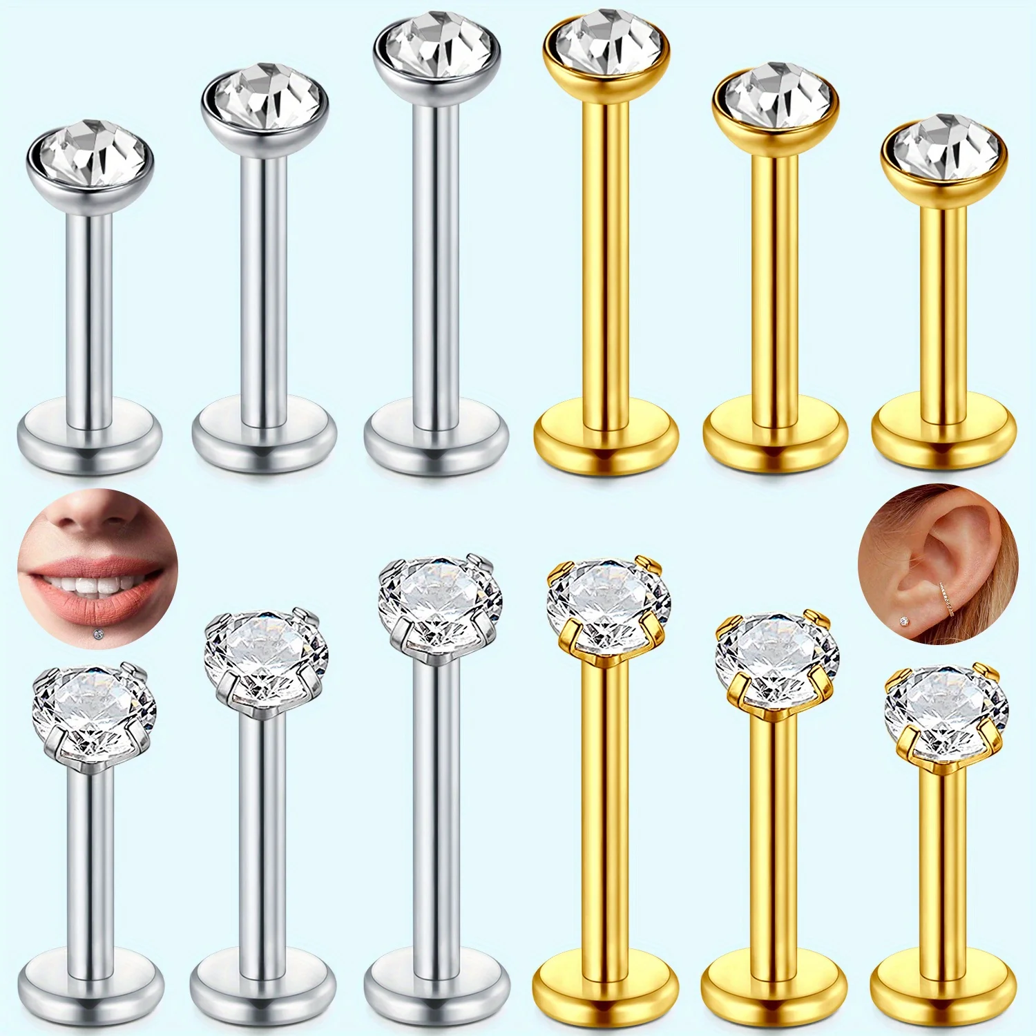 6pcs/12pcs Hypoallergenic 316L Stainless Steel Tragus Helix Cartilage Earrings Set Cubic Zirconia Studs for Women 6-8-10mm Sizes