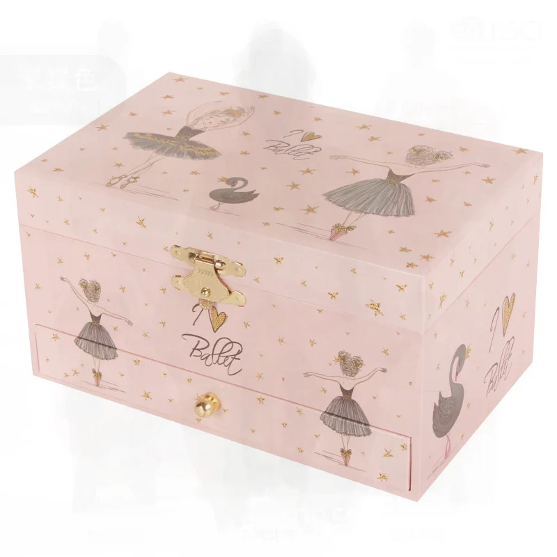 7 Inch Black Swan Spot Music Box for Children with Drawer Jewelry Storage And Cosmetic Mirror Pink Minimalist Modern Handmade