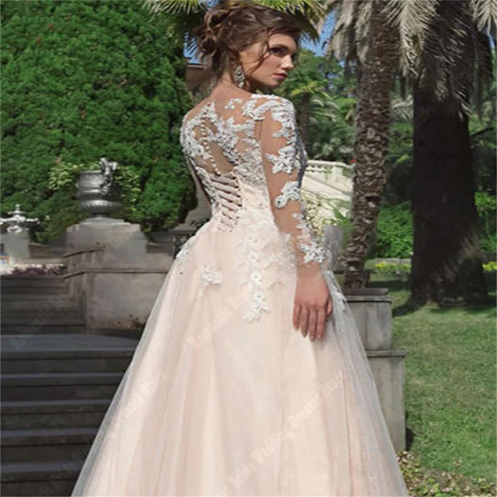 Vestidos de casamento femininos com mangas compridas em gola redonda, tule sexy, vestidos de baile, esfregando, Princess Party, 2024