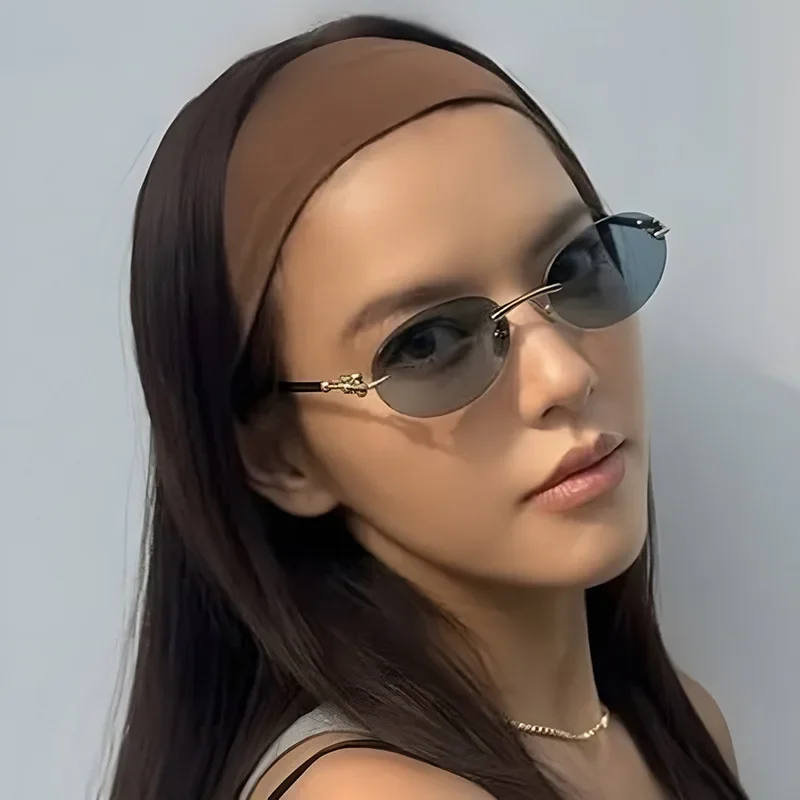 البيضاوي فرملس قطع حافة النظارات الشمسية النساء الرجال الرجعية ظلة الأشعة فوق البنفسجية نظارات شمسية العلامة التجارية الفاخرة مصمم النظارات المعدنية الشعبية