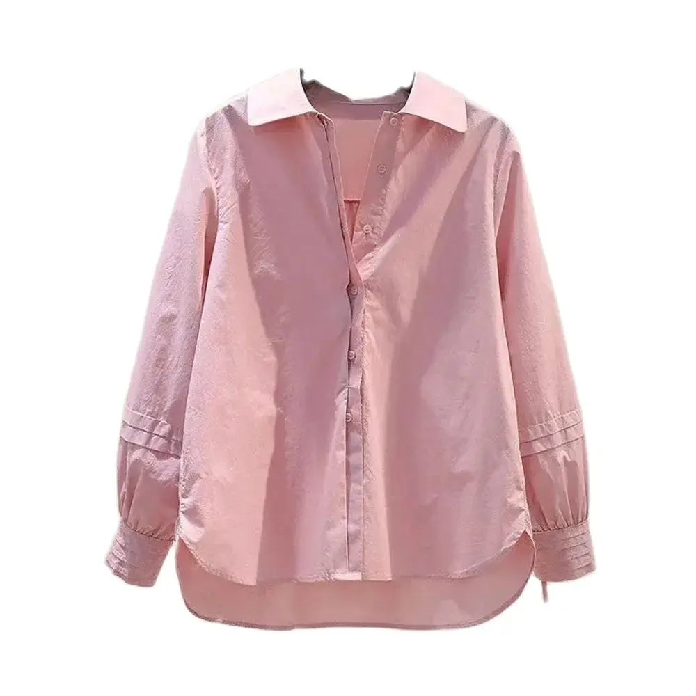 

Design Sense Pleated Lace-up Long-sleeved Pink Cotton Shirt Women's Loose Shirt Spring And Summer Literary Temperament Top Tide