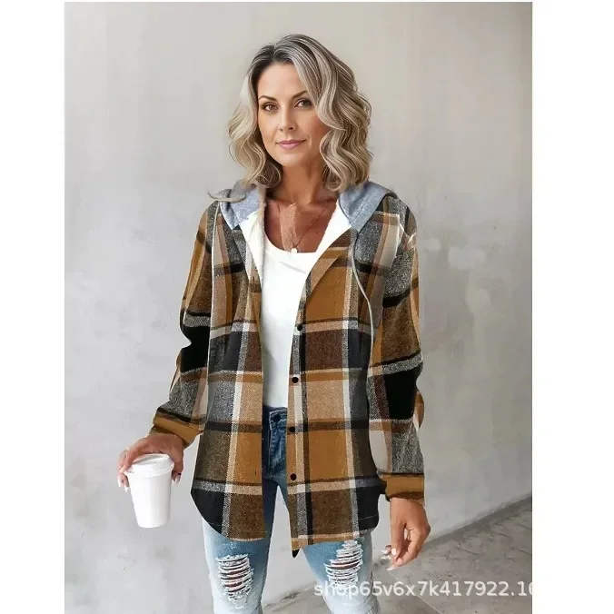 European and American Leisure Spell Color Plaid Hooded Coat, Women's Autumn/winter Loose Single-breasted Fleece for Warmth Coat