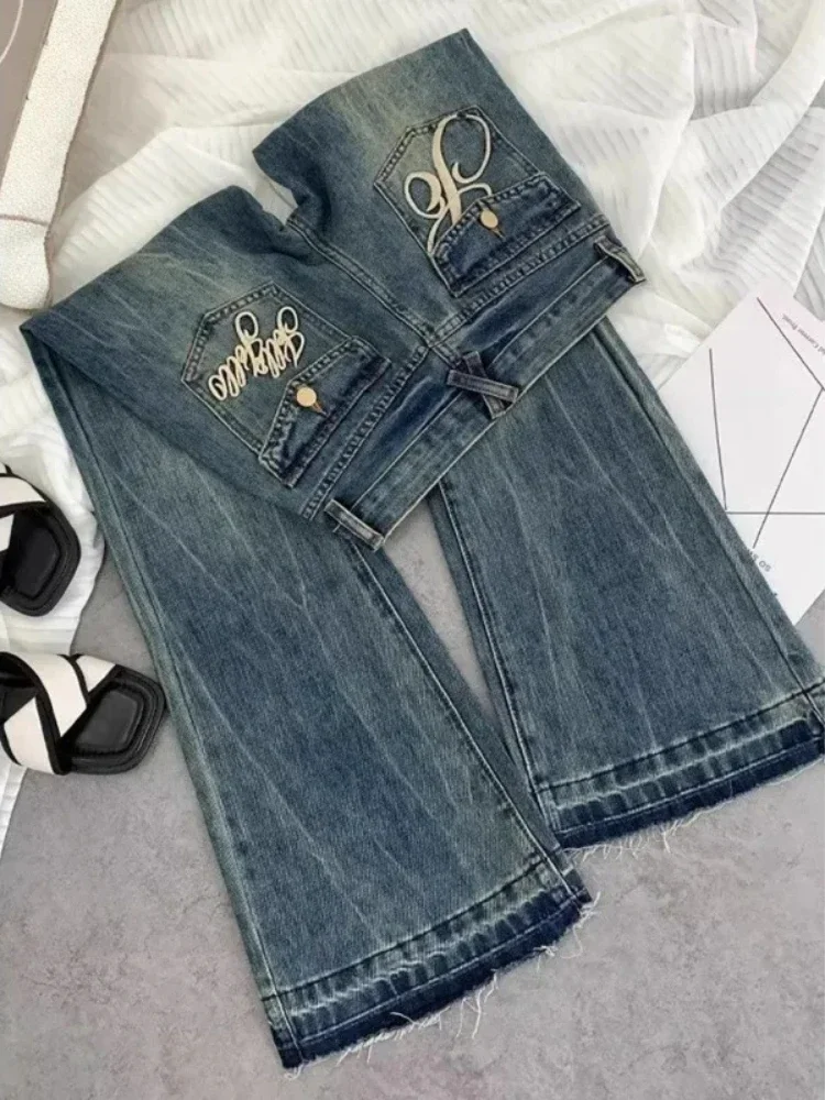 Americano retro cintura baixa jeans feminino primavera novo bordado velho casual moda calças finas coreano elegante sino calças compridas 2025