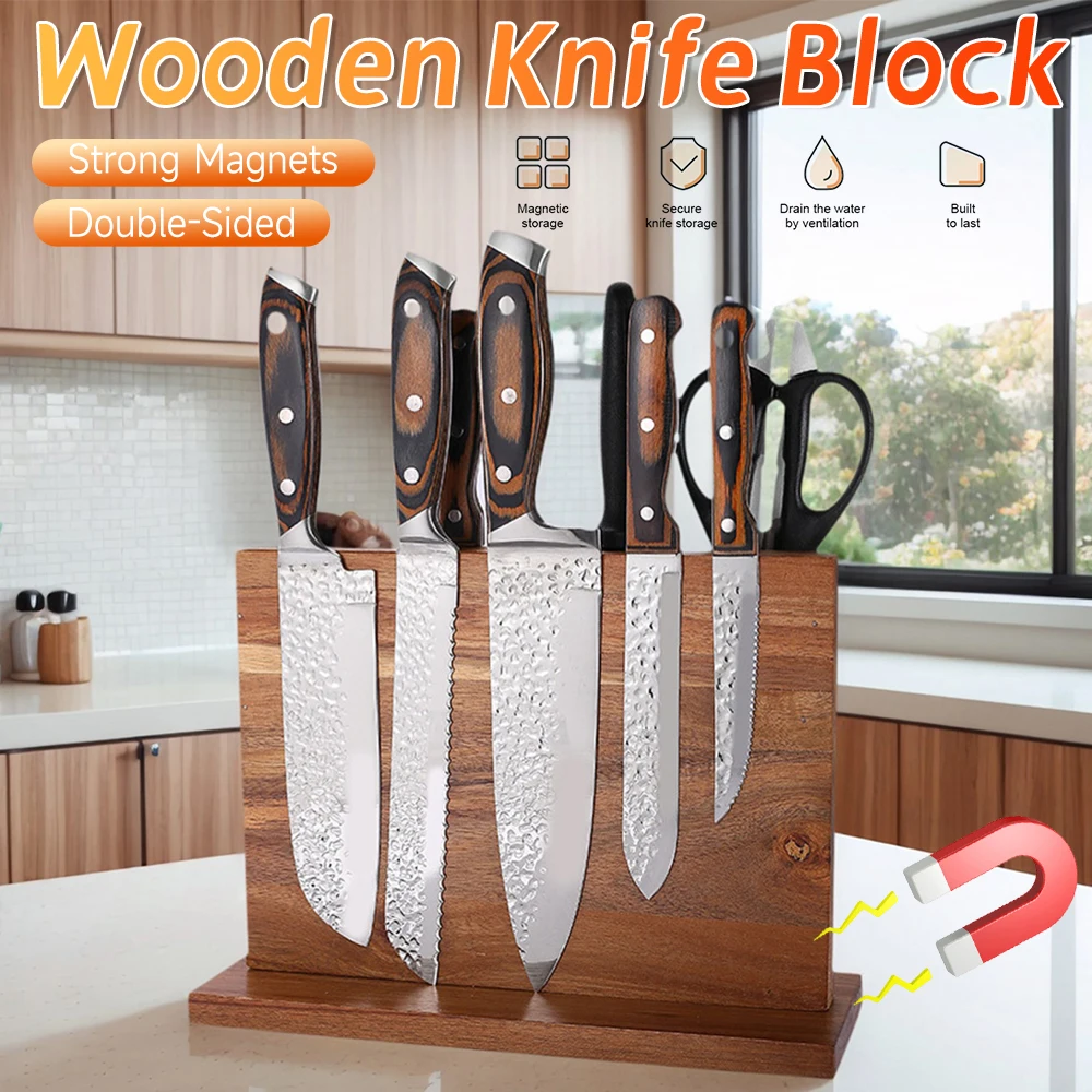 

Магнитный блок ножей, двусторонний деревянный универсальный держатель для ножей, подставка для набора ножей с сильными улучшенными магнитами для счетчика