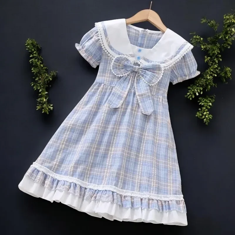 

2025Dresses For Girls Children Costumes Summer Plaid Dress Princess Short Sleeve Sundress Baby Kids Vestidos 4 6 7 8 9 10 12 Yea
