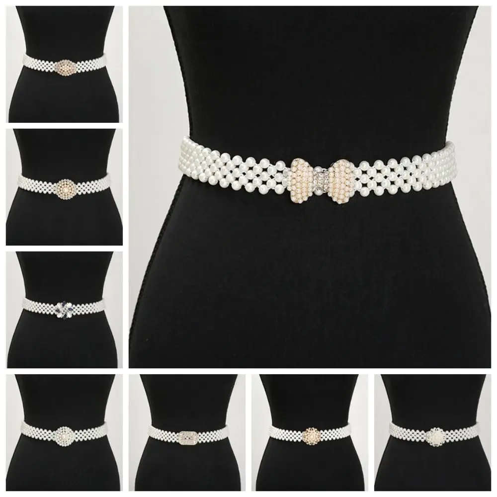 

Retro Bling Pearl Waist Belt Wide Metal Buckle Elastic Waistband Rhinestone Long Chain Women Waist Belt Sweater