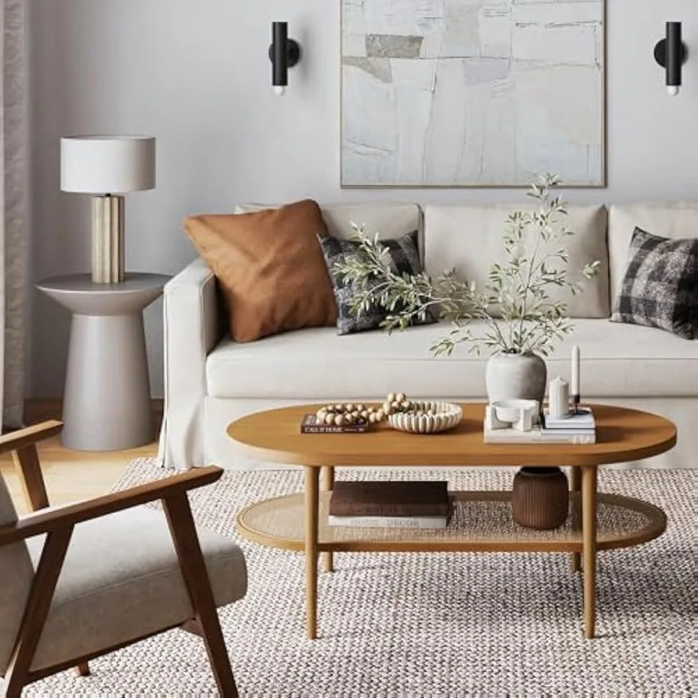 2-Tier Oval Coffee Table, Living Room Cane Table with Storage Shelf and Mid-Century Legs in Honey Brown Wood with Rattan Accent