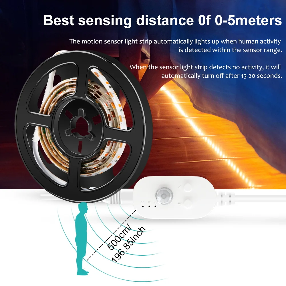 USB 5V LED Light Strip PIR Motion Sensor Flexible Tape Lamp Waterproof For Under Bed Cabinet Wardrobe Stair Indoor Home Lighting