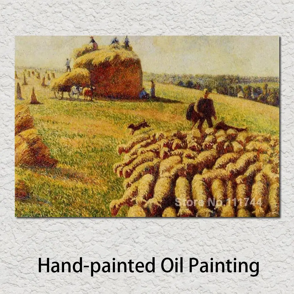 Flock of Sheep in A Field After The Harvest Camille Pissarro Street Scene Paintings High Quality Hand Painted