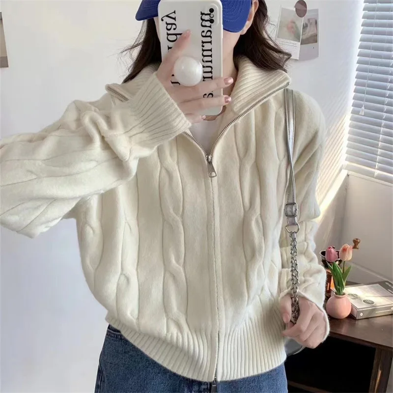 

Stand Collar Dual Zipper Twisted Knit Sweater for Women, 2025 Autumn and Winter Design, Casual Niche Knitted Top.