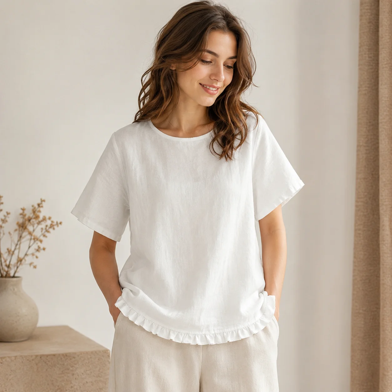 EOENKKY Women Cotton Ruffle Hem Blouse Loose Fit Round Neck Short Sleeve Top Back Tie Keyhole Summer Casual Shirt