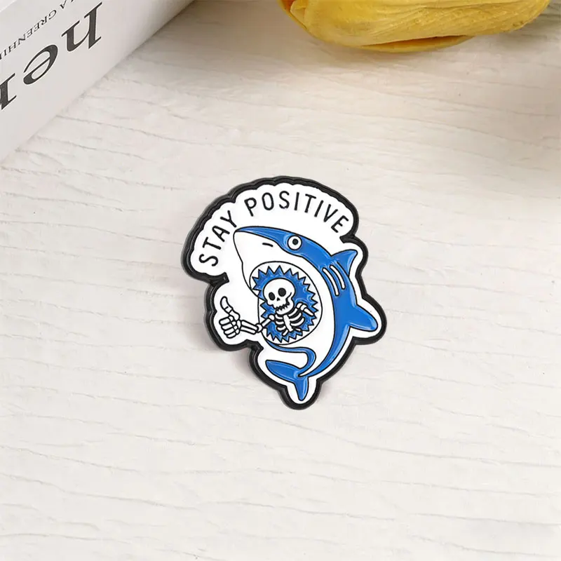 Stay Positive Skeleton In Shark Mouth Enamel Pins Dark Humor Shark Skeleton Thumb Up Brooch Bag Lapel Badge Funny Jewelry Gifts