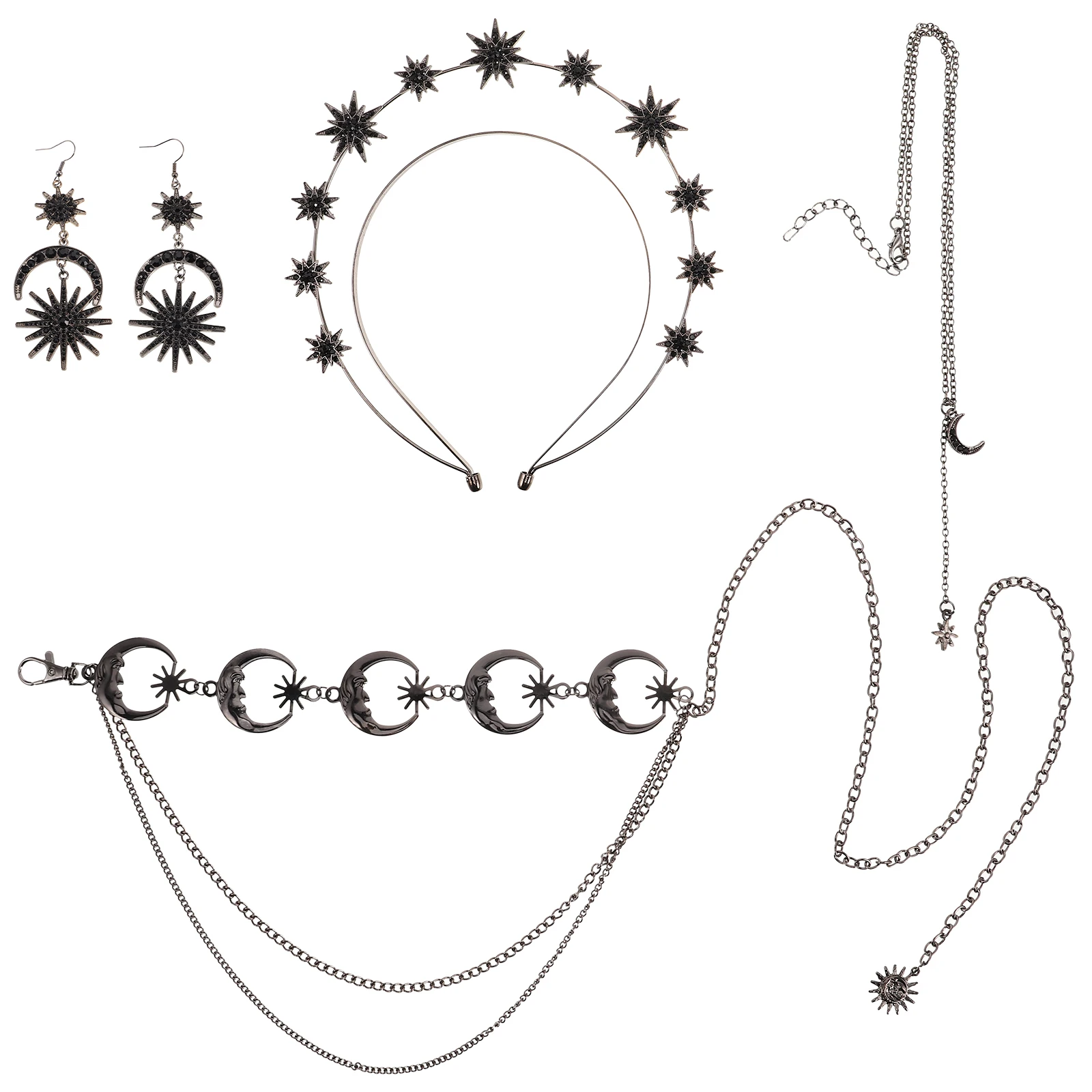 

Gothic Jewelry Set Vintage Party Decorations Necklace Earrings Star Headb Rhinestone Moon Zinc Alloy Chain Boho Accessories