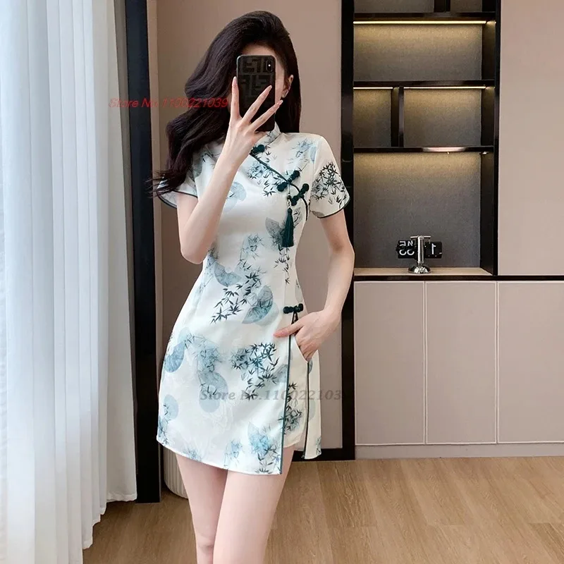 

2025 chinese nightclub dress qipao improved cheongsam national flower print qipao dress+shorts set oriental hotel spa work dress
