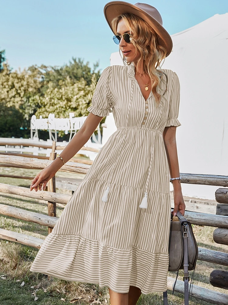 Women\'s Causal Striped Tassel Medium Long Dress V Neck Button Short Sleeve Spring Summer Dress