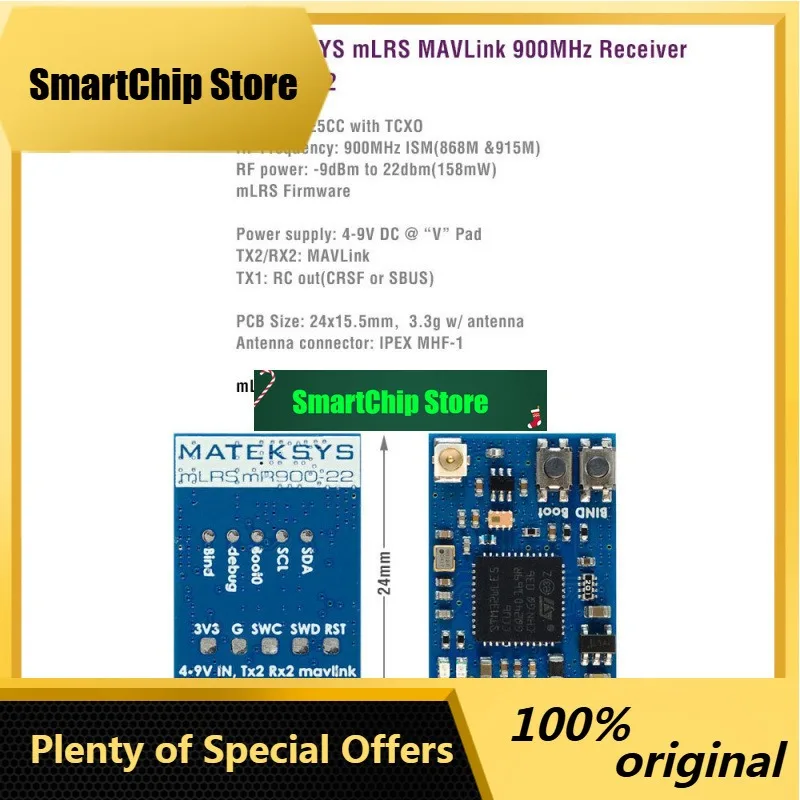 SmCpMATEKSYS MLRS MAVLINK 900MHz Receiver MR900-22 - 22 DBm RF Power For Reliable Drone Communication