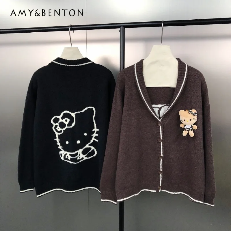 

Autumn Winter New Retro Long Sleeves Knitted Sweater Loose Cartoon Age-Reducing Jacquard Color-Block V-Neck Knitwear Coat Ladies