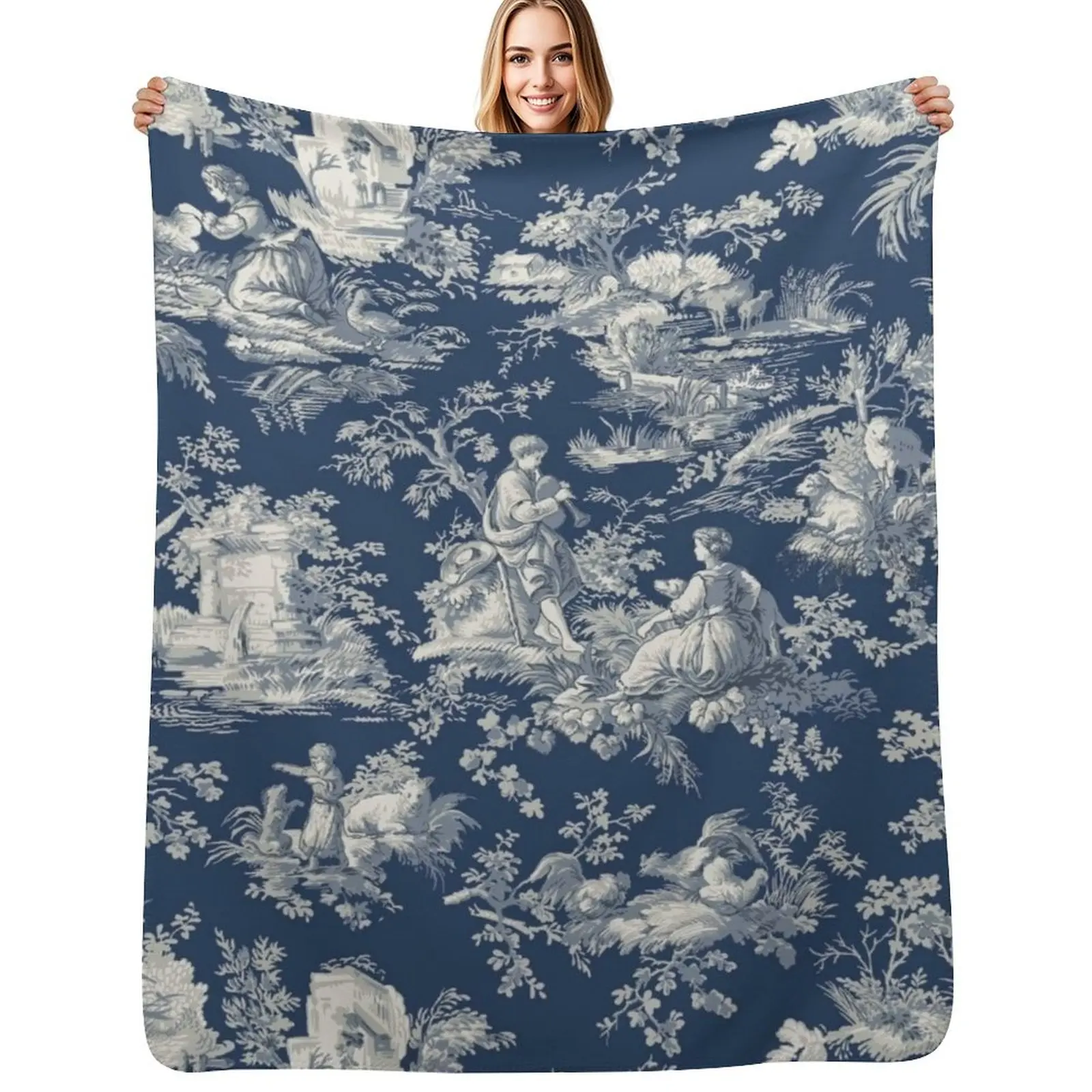 Toile de jouy Blue Throw Blanket Year Round Soft Comfortable Blanket for Home