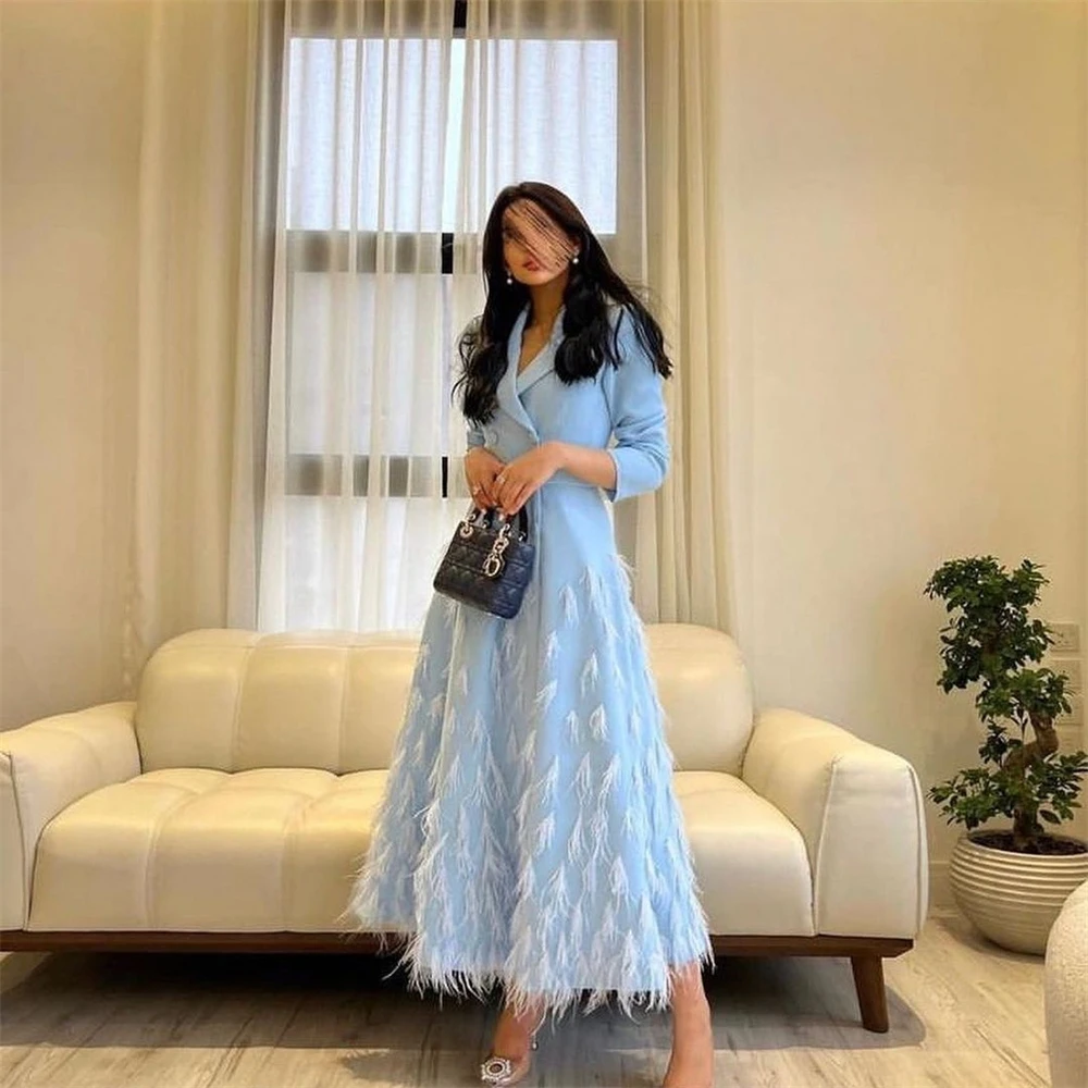 Tarot Dubai Sky Blue V Neck Feathers Evening Dresses Long Sleeves A Line Elegant Prom Dress 2024 Ankle Length Formal Party Gowns