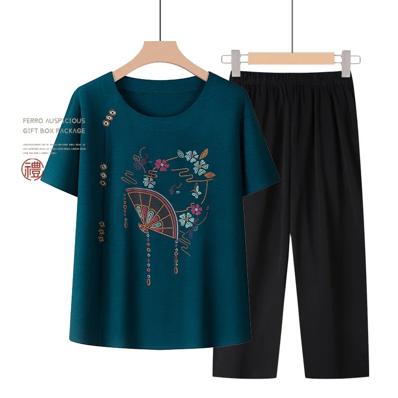 Conjunto de pijama de dos piezas para madre de mediana edad, ropa de dormir de manga corta, Camiseta de cuello redondo, verano, 2024