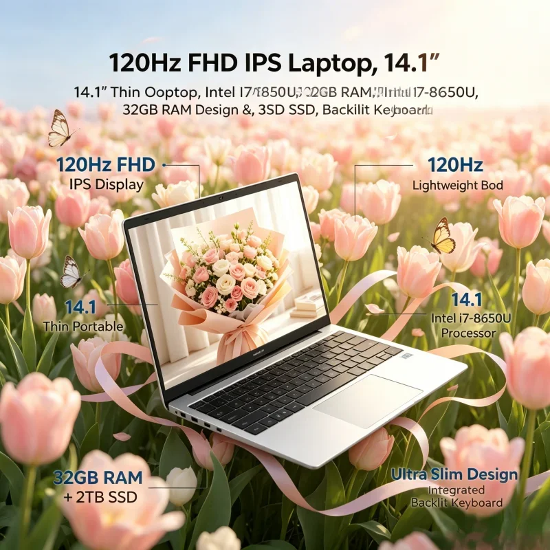 

14.1 Inch Lightweight Laptop with Intel i7-8650U, 120Hz FHD IPS Display, 32GB RAM, 2TB SSD and Integrated Backlit Keyboard