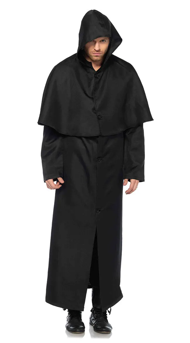 Traje de monge medieval para adultos, robe preto, roupas de feiticeiro, ceifador, vampiro sacerdote masculino, cosplay de Halloween