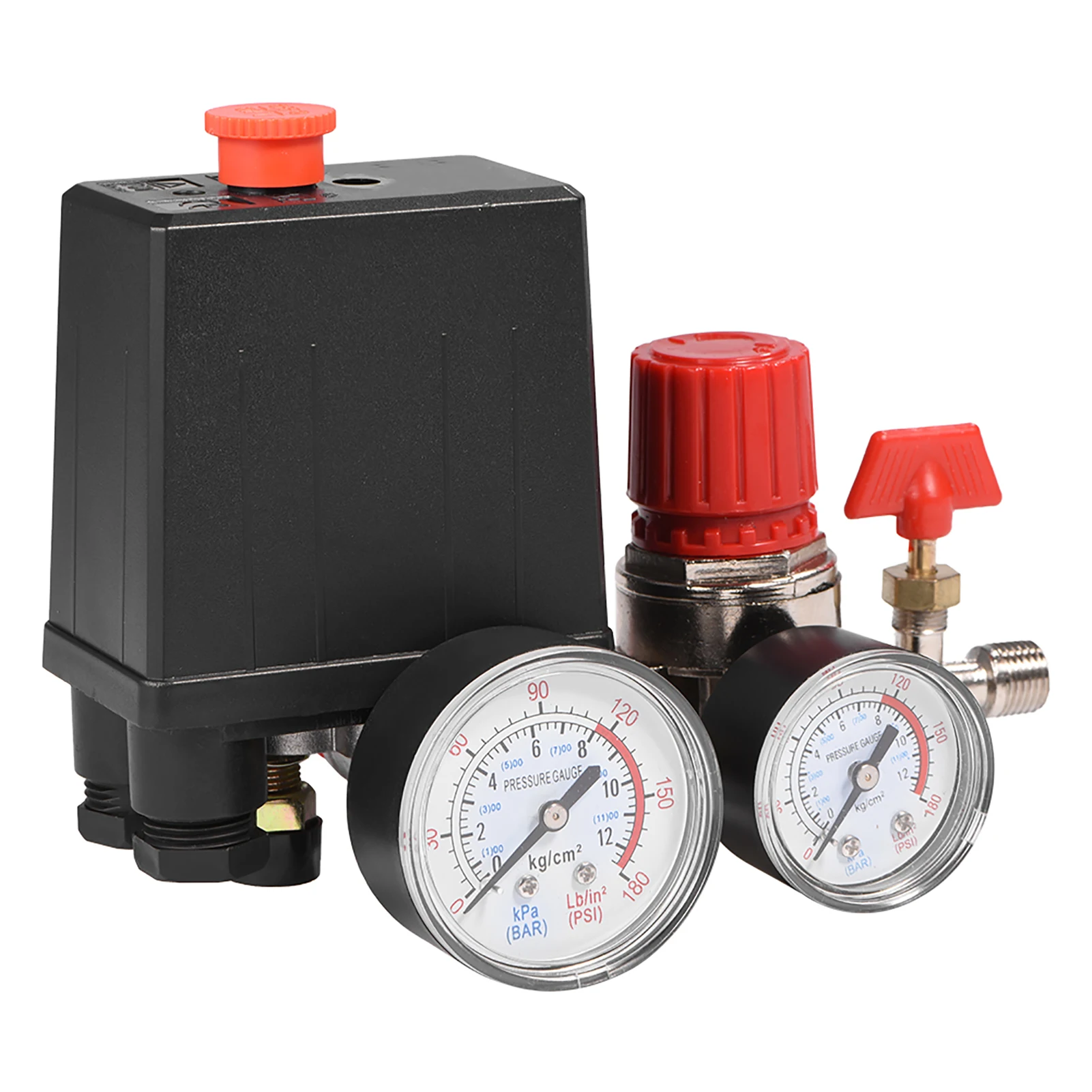 Air compressor valves, air compressor pressure switches, control valves and regulators with pressure gauges