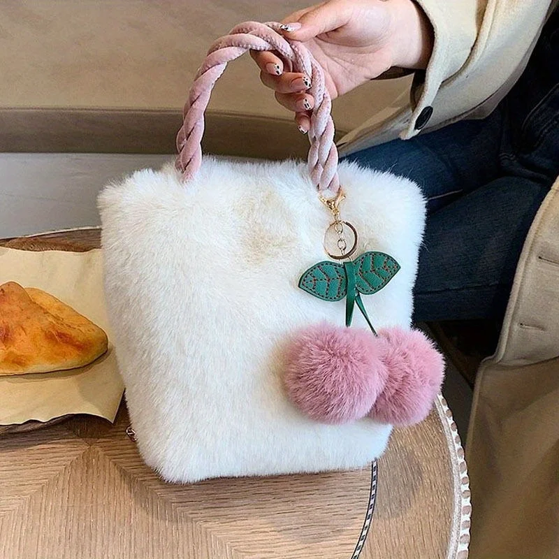Cute Cherry Pattern Plush Bucket Tote Bag For Women 1Pcs Fluffy Soft Shoulder Handbag Winter Warm Fashion Casual Ladies Purse