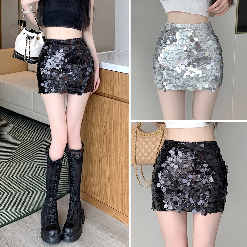 

Sparkling Heavy-du A-line Skirt Women's Sexy ort Skirt High Waist Bodycon Pure Color Summer 2023 Faion Trend