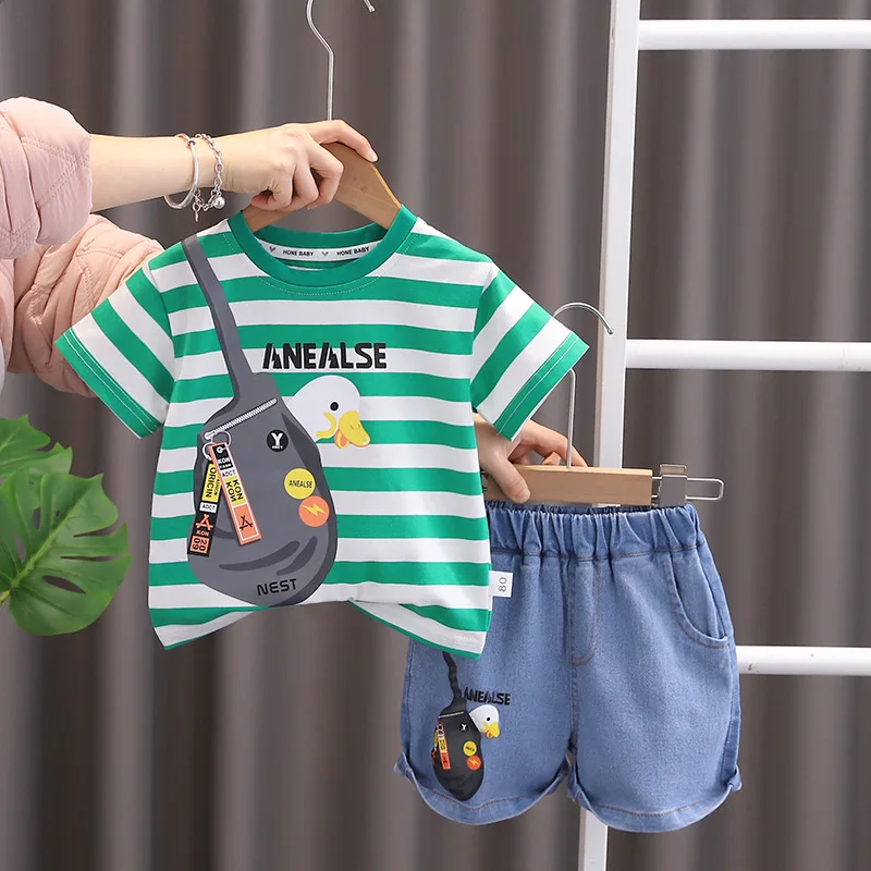 Children Summer Fashion Clothes Kids Boys Printe Cartoon Stripe Cotton T Shirt Denim Shorts 2Pcs/Set Casual Toddler Tracksuits