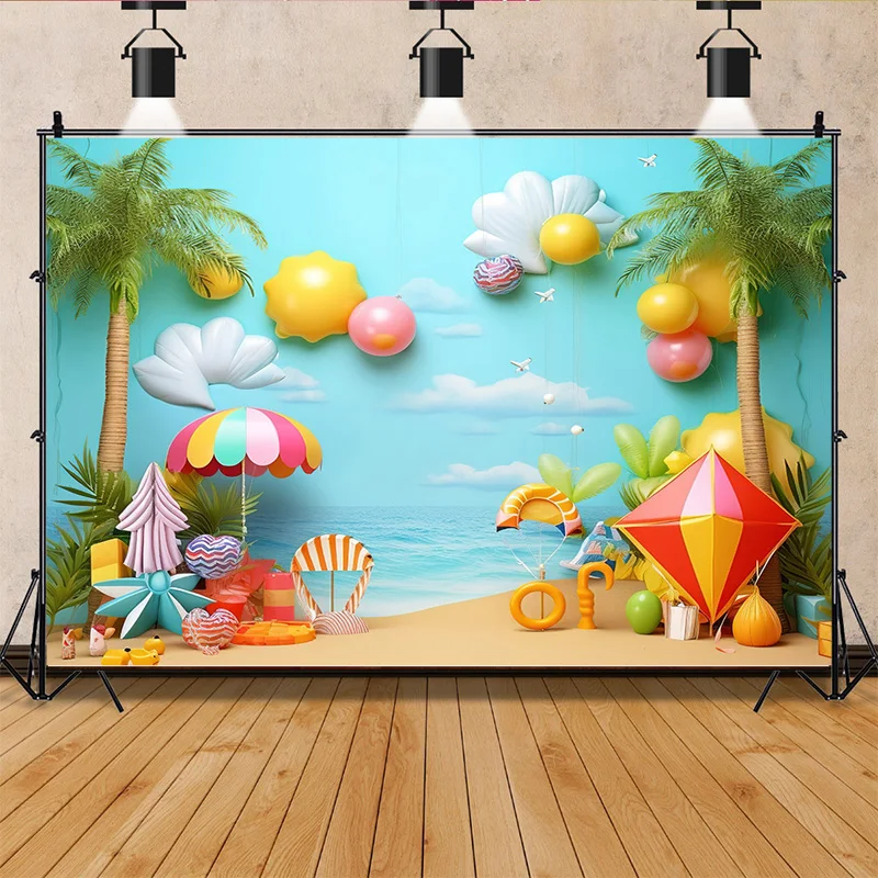 Tropical Holiday Flamingo Ocean Scenery Photography Backdrops Prop Palm-Trees Beach Touris Birthday Party Photo Background HN-03