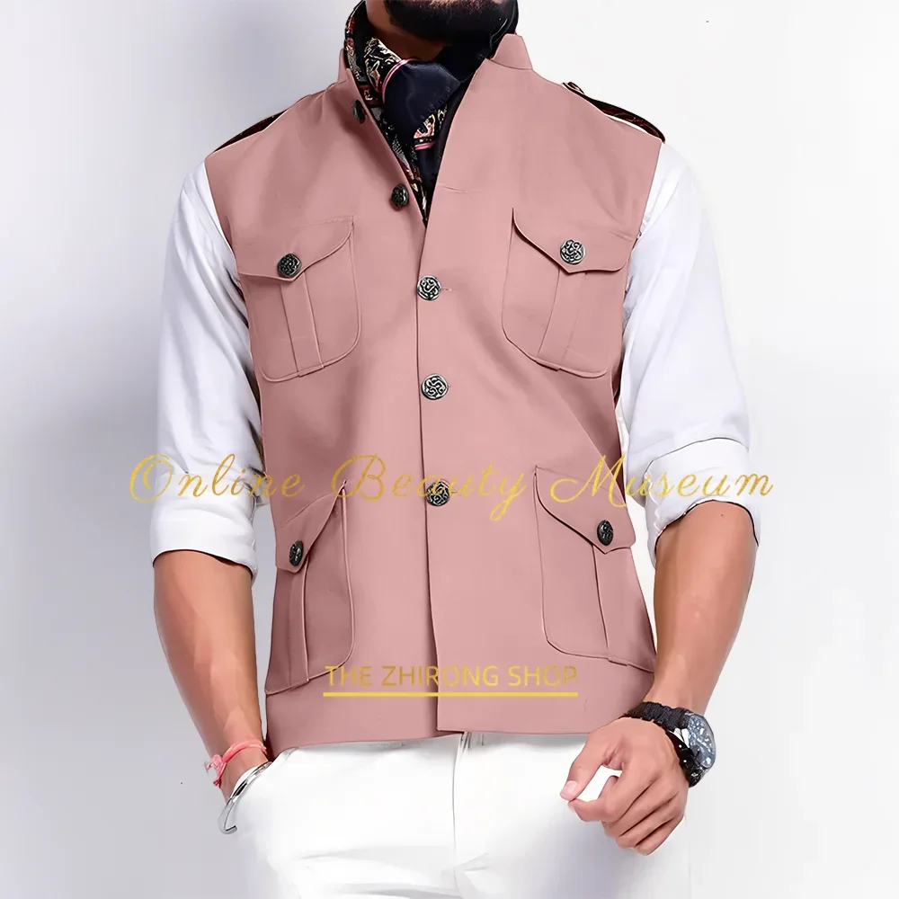 Men's Khaki Brown Lightweight Sleeveless Jacket With Four Pocket Premium Textured Fabric Blazer for Office Daily Events