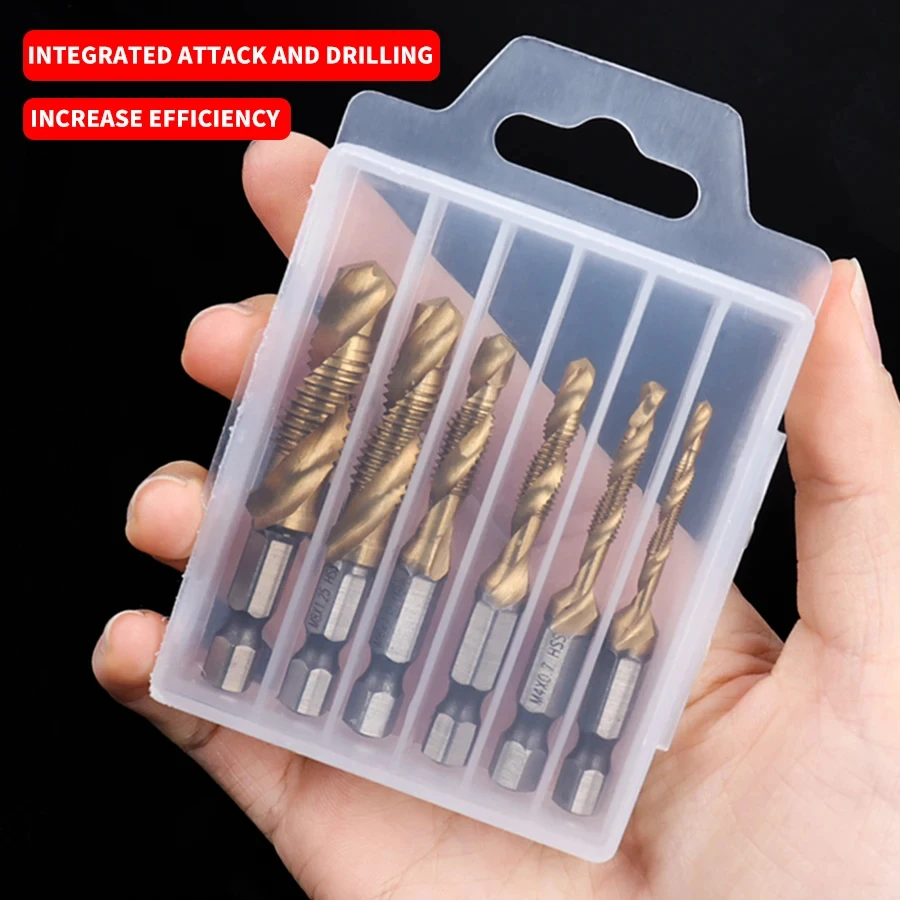 Conjunto de 6 Peças de Machos e Brocas Combinados para Máquina, Revestidos a Titânio, Haste Hexagonal, Macho Composto para Abertura de Roscas, Conjunto de Machos para Furadeira Elétrica