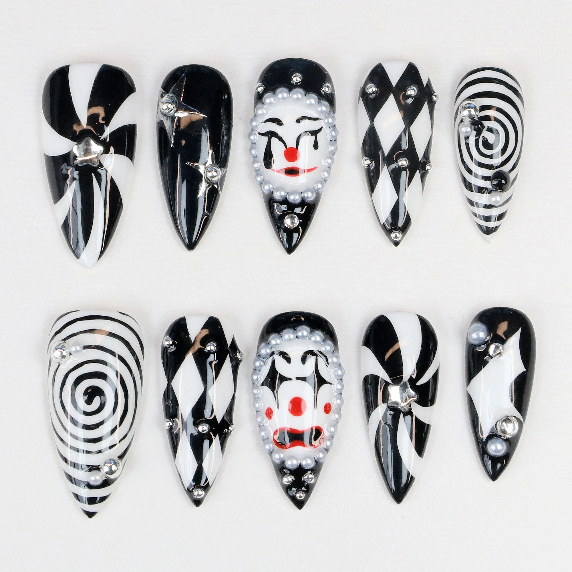 10개입 3D 수제 매니큐어 프레스온 네일, 광대 아크릴 가짜 손으로 그린 맞춤 디자인 모든 성인의 날 접착 네일 파일 세트