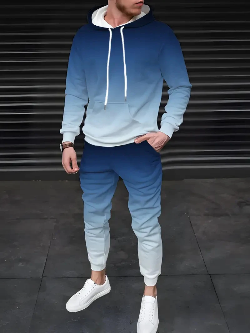 Градиент цвета, 3D принт, костюм с капюшоном, мужские толстовки, толстовки, спортивные штаны, повседневный модный спортивный костюм из двух предметов, мужская одежда