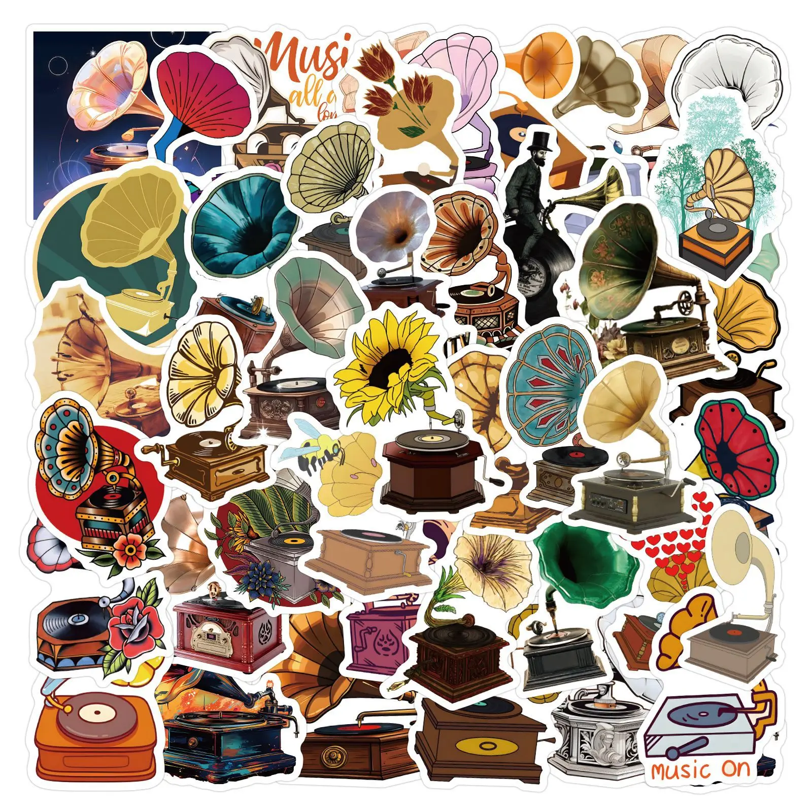 

50PCS Retro European and American Style Gramophone Sticker Waterproof Graffiti Decal for Mobile Phone Case Laptop Suitcase