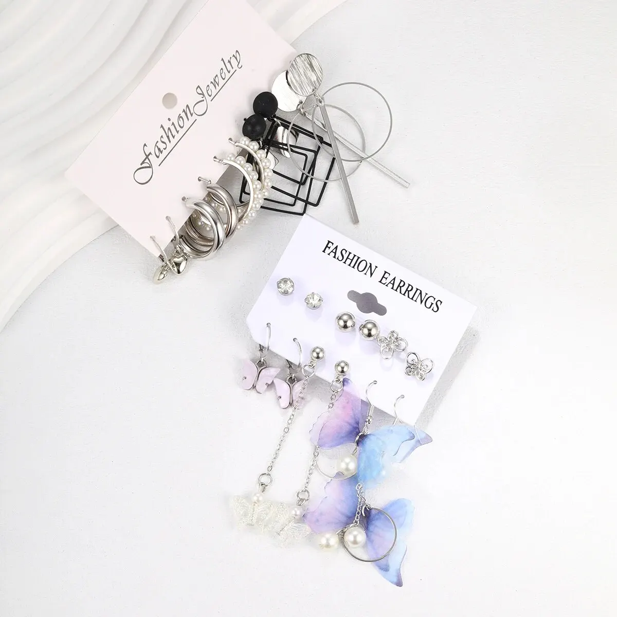 الفضة شرابة القرط مجموعة للنساء ، فراشة ، مربع ، الهندسة اللؤلؤ ، 11 قطعة