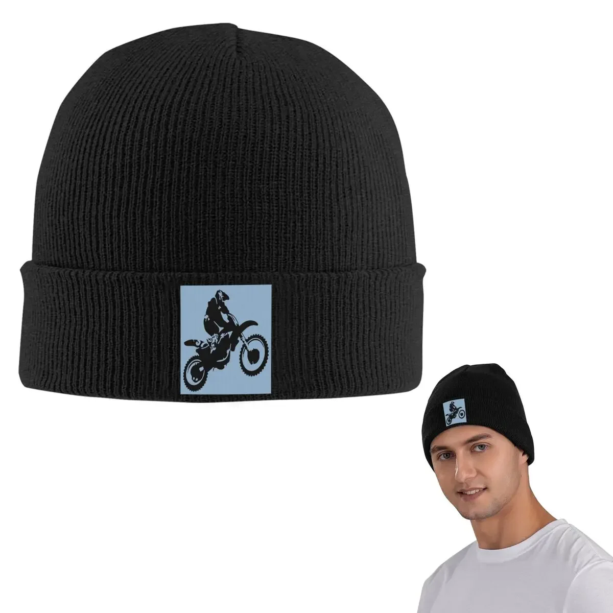 Moto X Dirt Bike Monotone Vector Art Warm Knitted Cap Hip Hop Bonnet Hat Autumn Winter Outdoor Beanies Hats For Unisex Adult