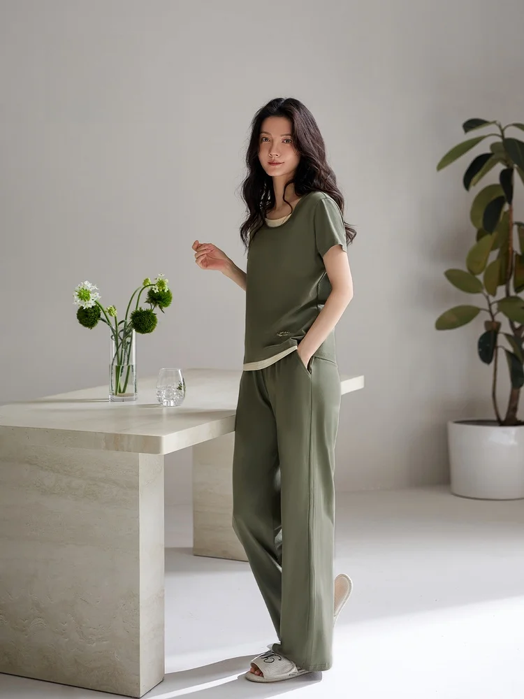 pure-cotton-summer-sleepwear-women's-short-sleeve-long-pants-home-clothes-thin-two-piece-outerwear-comfortable-breathable