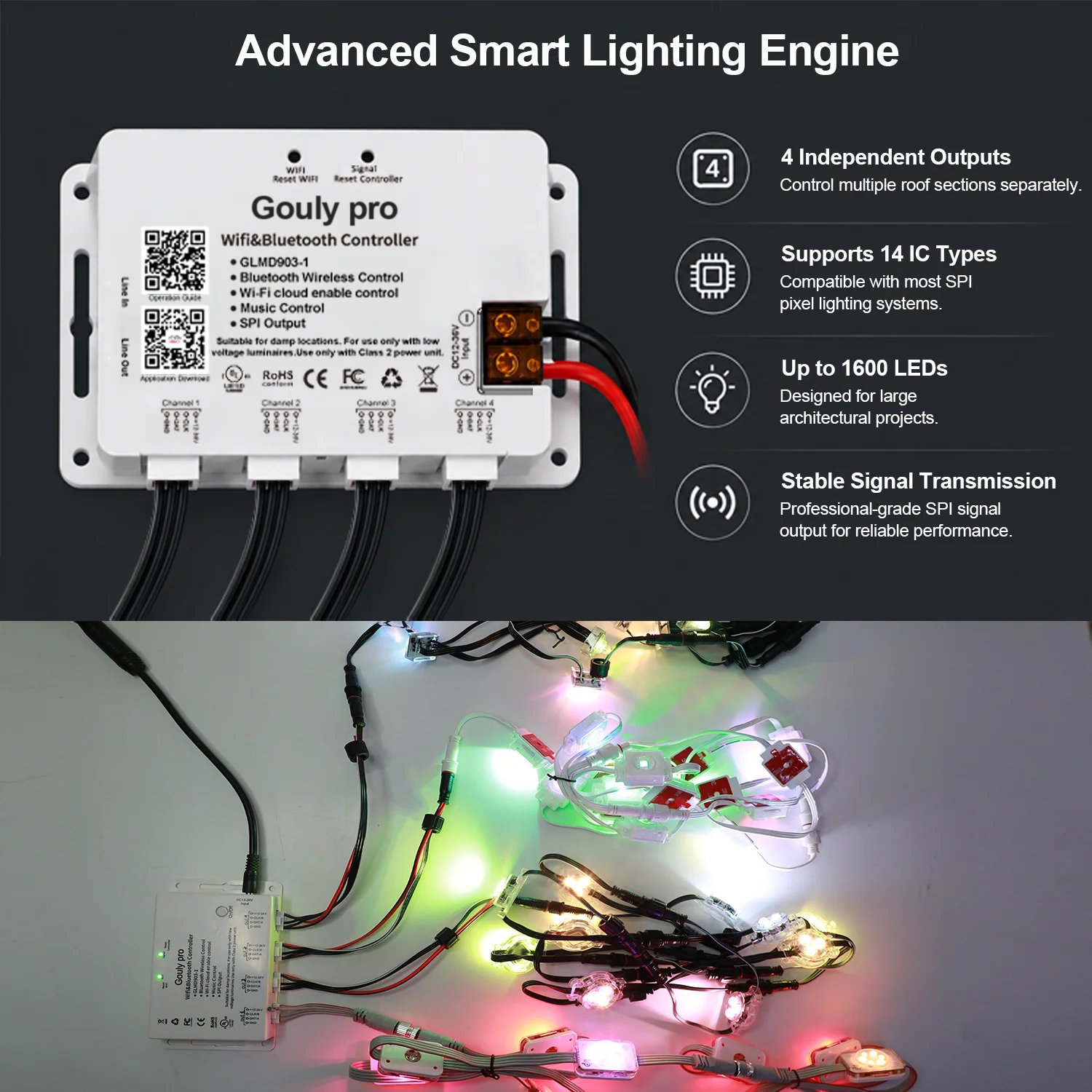 Addressable Pixel Controller Wireless Cloud Wifi Controller Light Dimmer Music Sync Smart Rgb 4 Output Pixel Light