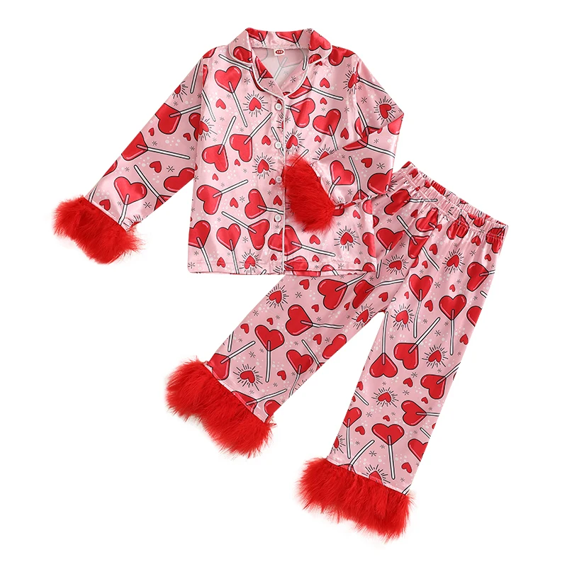 FOCUSNORM 1-15Y Toddler Kids Girls Valentine's Day Pajamas Clothes Set Heart Print Fur Patchwork Long Sleeve Shirts Tops Pants