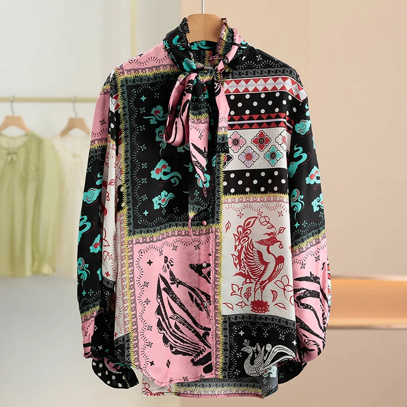 

Рубашка с принтом, 100% вискоза, с воротником под дерево, женская, повседневный стиль, с длинным рукавом, дышащая, весенняя новинка