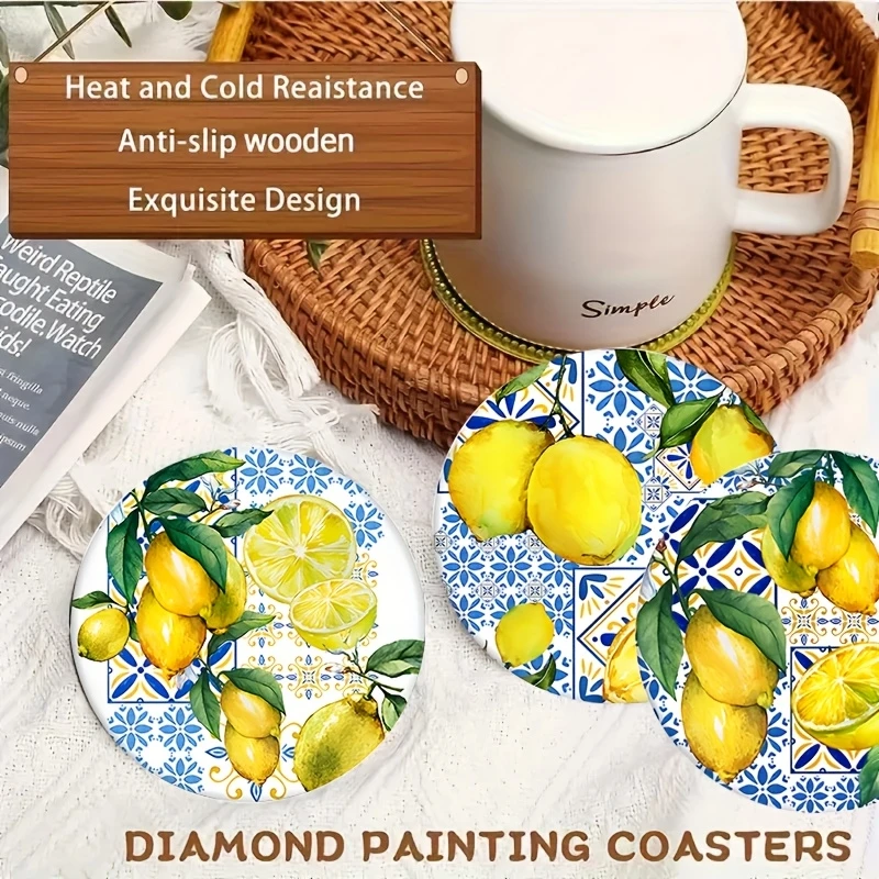 6 Pieces 2D Wooden Coasters Green Lemon Pattern Theme Desktop Insulation Mats Home Decor Coffee Mug Coasters For Office