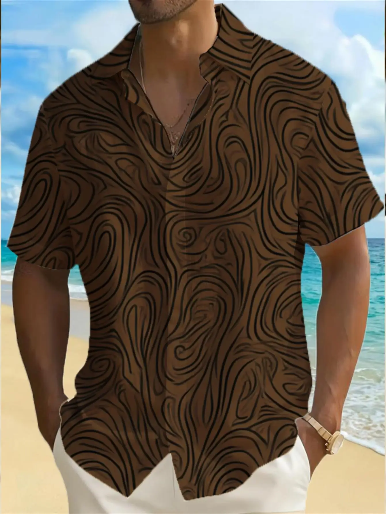 Men's Shirt Abstract Swirl Line Print Short Sleeve Lapel Button Shirts Summer Beach Vacation Casual Tops Men Clothing
