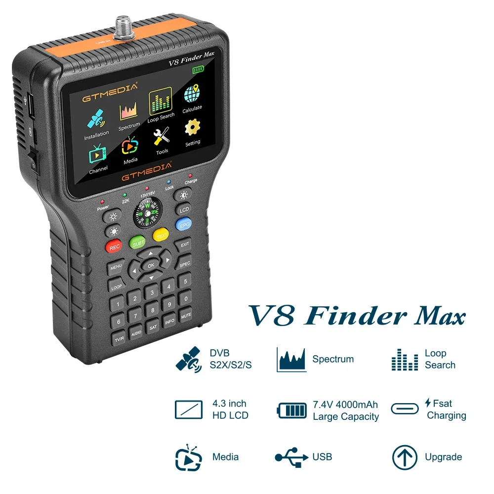 4.3 Inch V8 Finder Max DVB-S2X/S2/S MPEG-2/H.265 Satellite Instrument Handheld Instrument Panel TV Signal Receiver