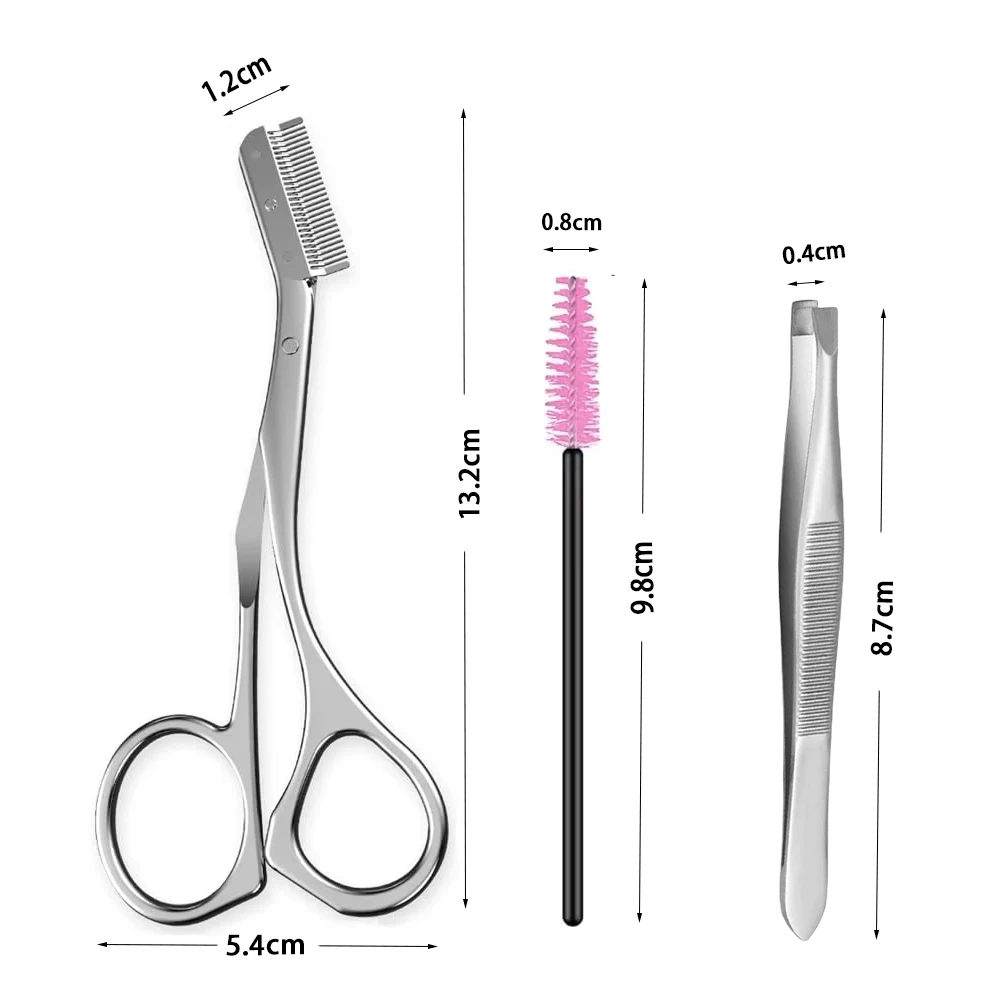 Pince à épiler les sourcils en acier inoxydable, ensemble de 3 pièces, couteau de coupe des sourcils pour débutant, ciseaux, peigne à cils, outil de maquillage ﻿