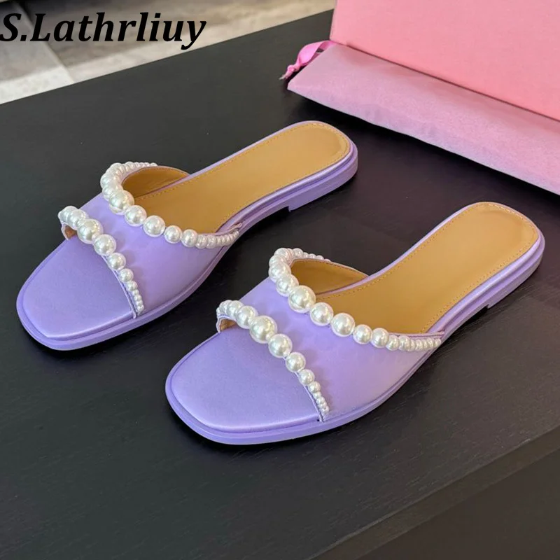 Zapatillas de cuero genuino decoradas con perlas de lujo con punta abierta para mujer, Sandalias planas de Color sólido, zapatos informales para vacaciones para mujer