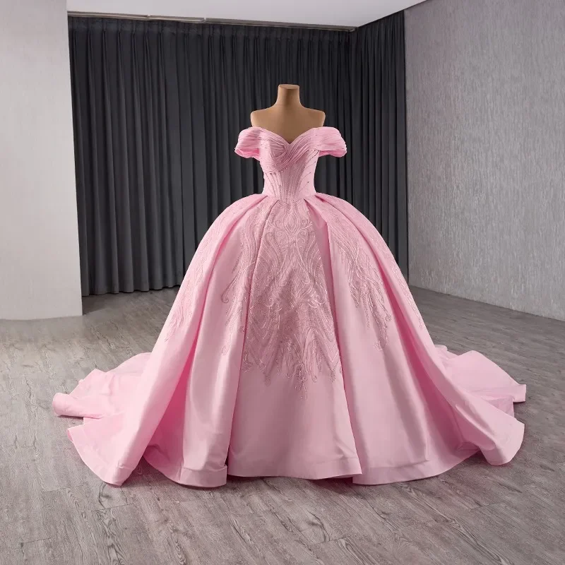 Customized Lovely Blushing Pink Rhinestone Sequins Wedding Dresses 2025 Ball Gown  Short Sleeve Backless Chapel Train Wedding