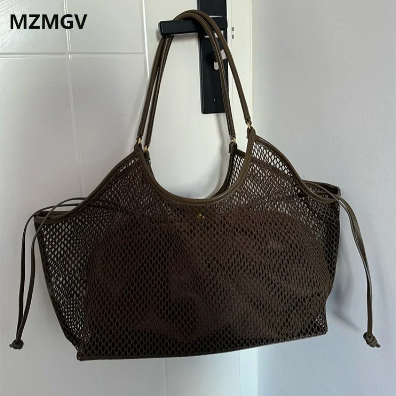 

Summer Hollow Out Woven Shoulder Bag Casual Seaside Vacation Drawstring Beach Bag Large Capacity Bohemian Shopping Tote Bag